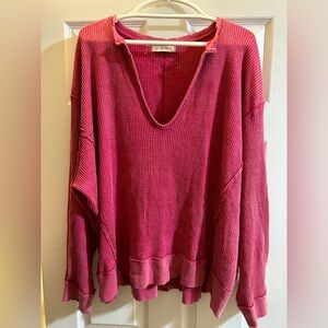 We The Free Pink Waffle Knit V Neck Oversized Long Sleeve Top Size XL Boho Top